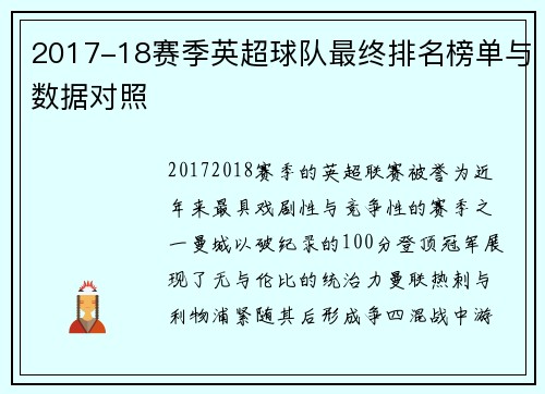 2017-18赛季英超球队最终排名榜单与数据对照